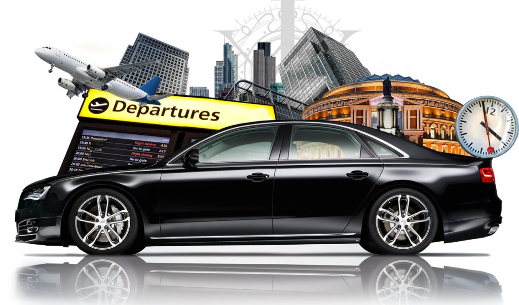 Voiture noire de luxe devant un tableau de départs d'aéroport, des bâtiments emblématiques et une horloge.